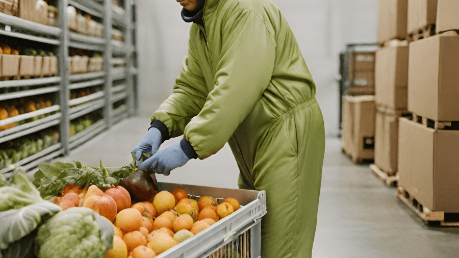Person working with produce in cold storage warehouse