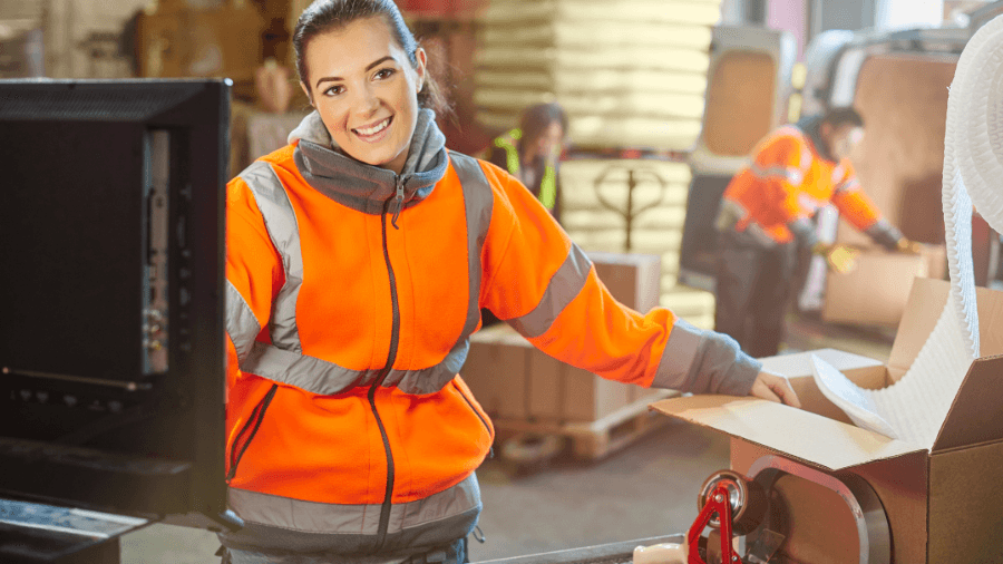 Worker in warehouse smiling at the camera. She is packing an order in a warehouse.