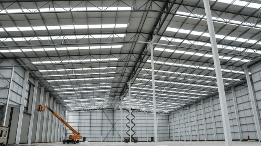 Inside of warehouse still under construction.
