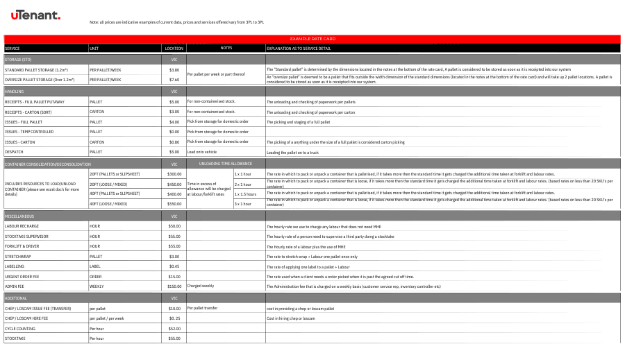 Example rate card