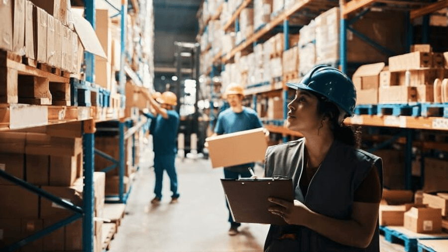 Workers in a warehouse aisle checking and moving inventory