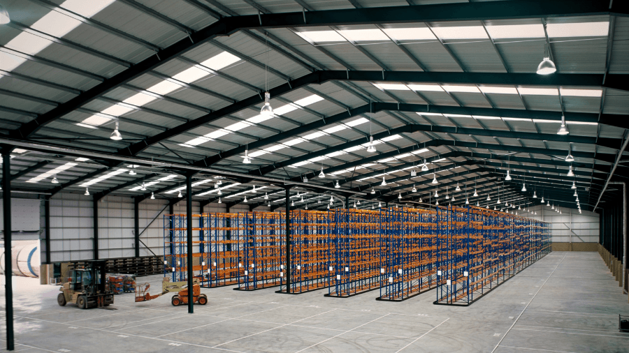 Inside aerial photo of a newly finished warehouse facility