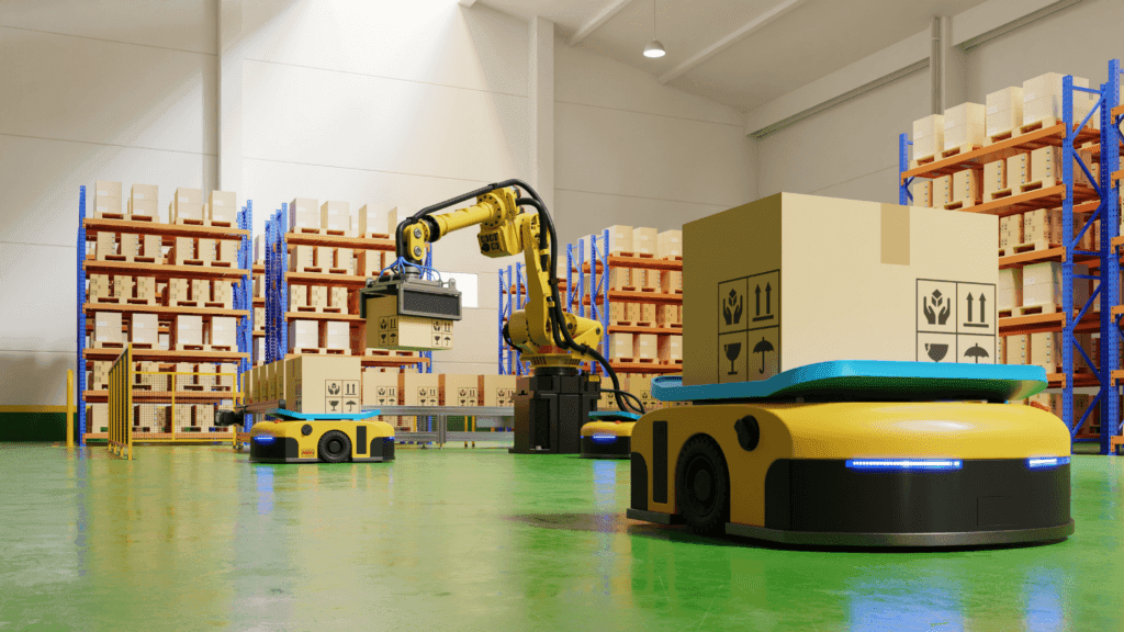 Automated robots in warehouse.