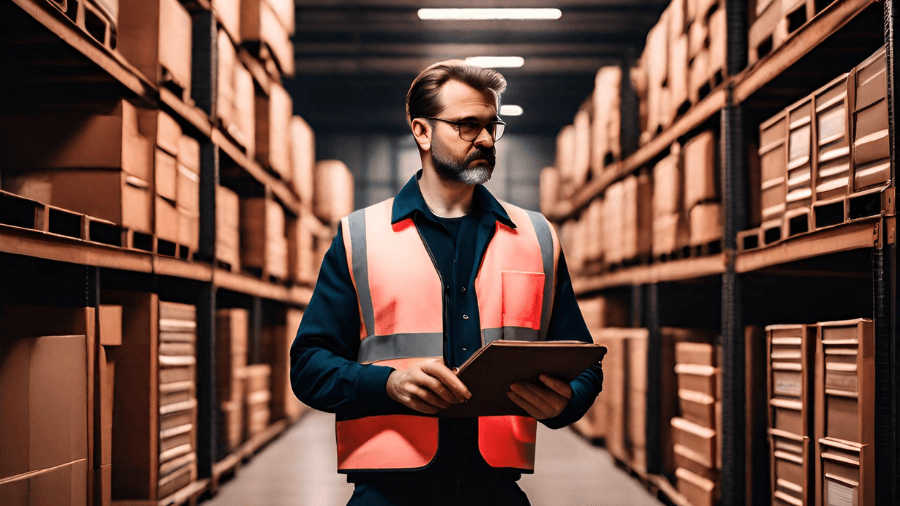 AI image of a warehouse manager standing in a warehouse with a clip board in his hand.