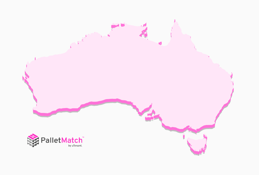 Pink map of Australia with PalletMatch by uTenant logo in the bottom left corner. uTenant make warehouse storage and solutions, simple.