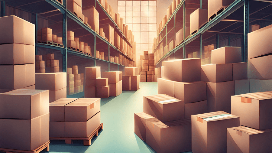 AI generated image of pallets and boxes overflowing into the aisle in a warehouse. Illustrating a very full warehouse that's in need of an overflow storage solution.
