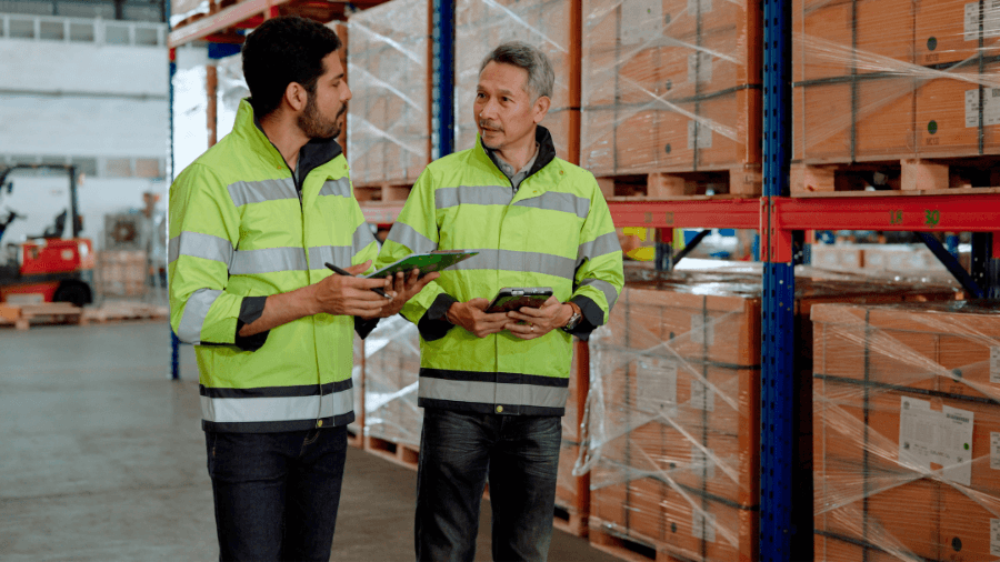 Two people in a warehouse discussing storage.