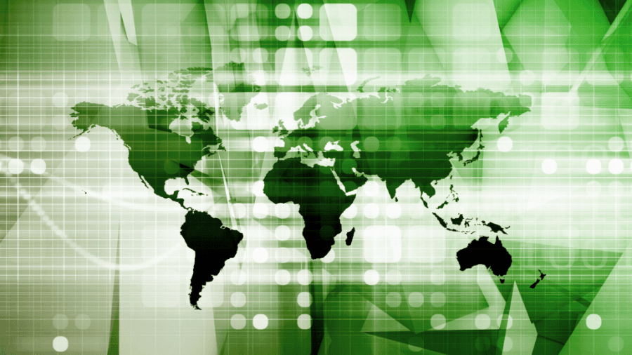 World map with geometric watermark and a green filter applied to the image.