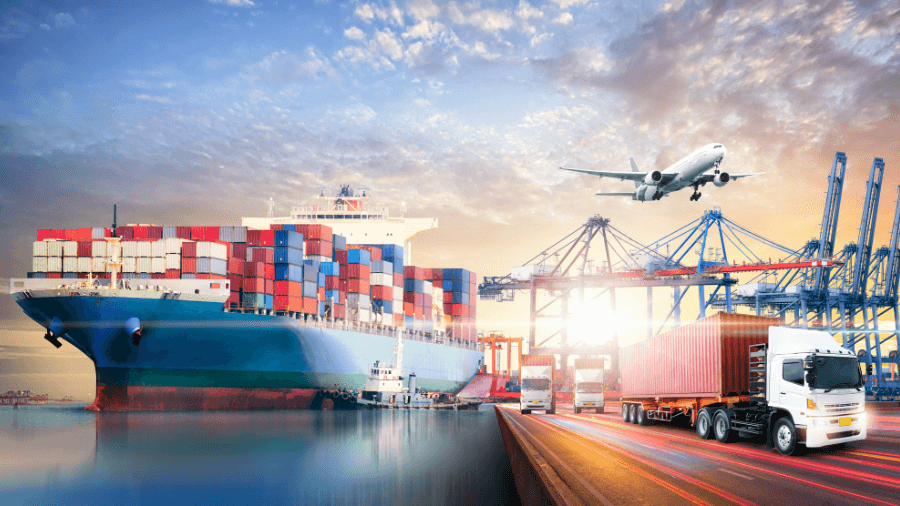 Digitally altered image of container ship, freight plane, port terminal and trucks to portray supply chain logistics