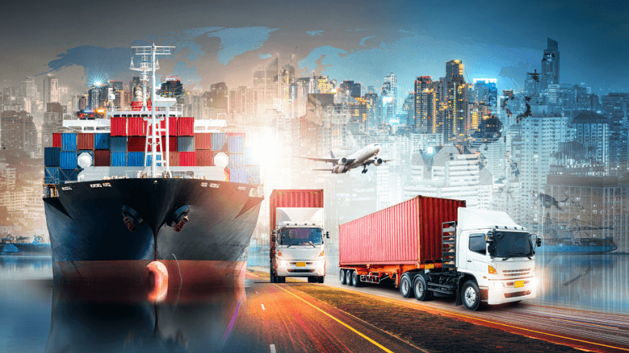Cargo ship, airplane, and two trucks superimposed over a cityscape and world map.