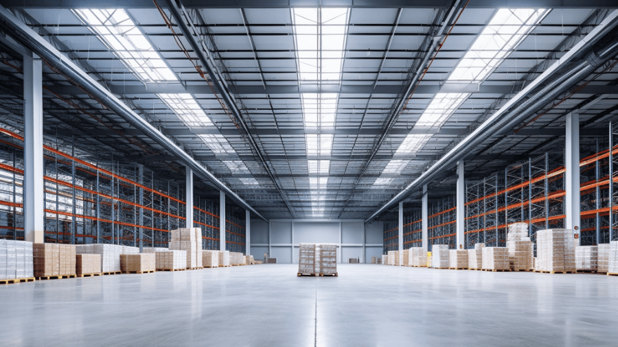 Inside of warehouse that has lots of vacant space. There is only a small number of pallets stacked around the perimeter of the warehouse.