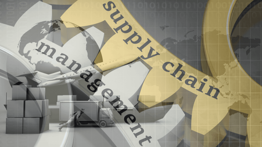 Supply Chain Management superimposed over an illustrations of supply chain logistics segments