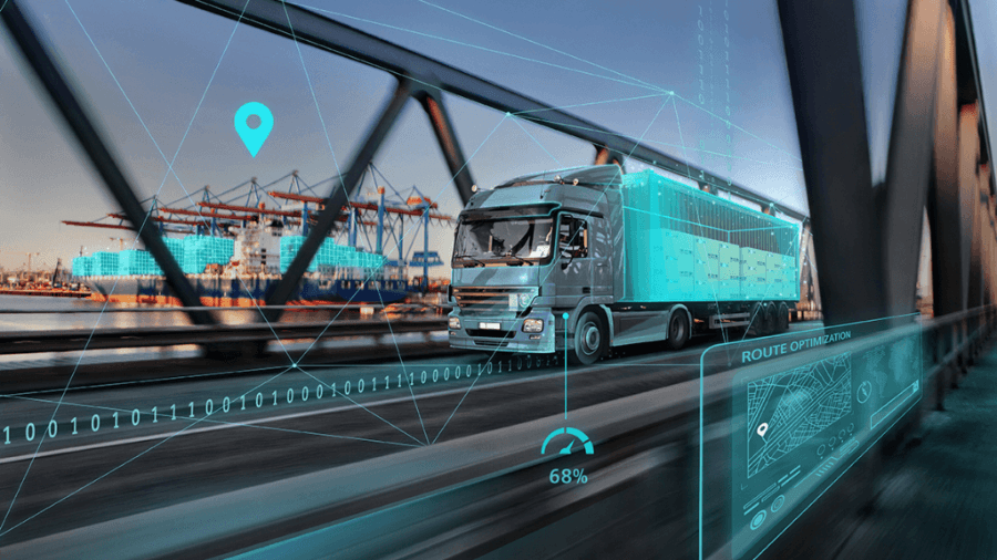 Futuristic image of truck trailer, with port terminal in background, showing how route optimisation technology can help with supply chain operations.