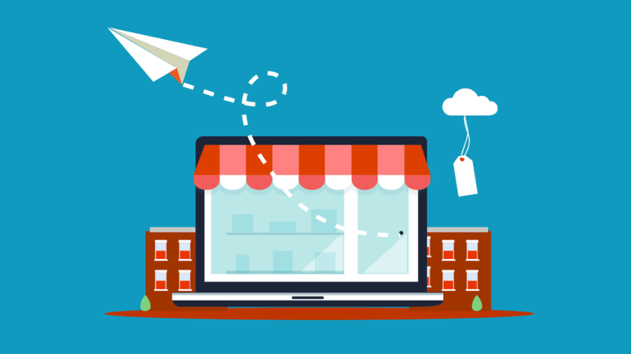Illustration of a laptop dressed as a shop front, with a paper plane flying out of the laptop screen. Behind the laptop is a two storey building.
