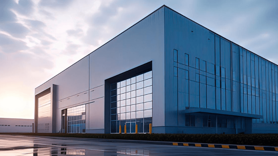 A grey warehouse with the sun setting in the background