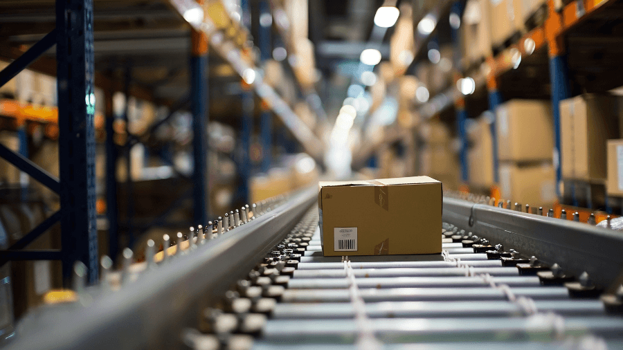 In the foreground, a carton on a conveyor belt system being moved down a warehouse aisle. In the background are pallets located in racks from floor to ceiling.